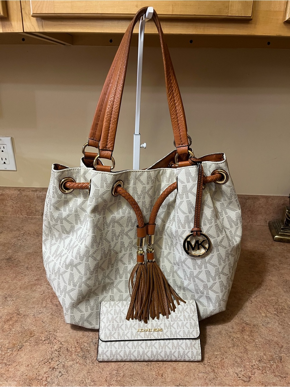 Michael Kors Monogram Drawstring Tote with Brown Trim and Matching Wallet